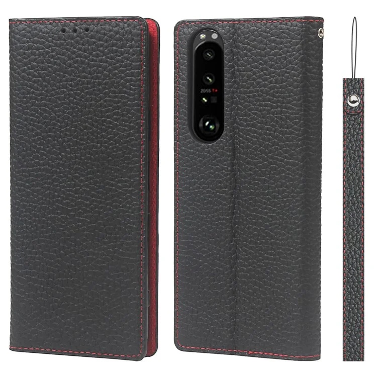 Litchi Texture Genuine Leather Stand Case Wallet Phone Cover per Sony Xperia 1 III 5G - Nero