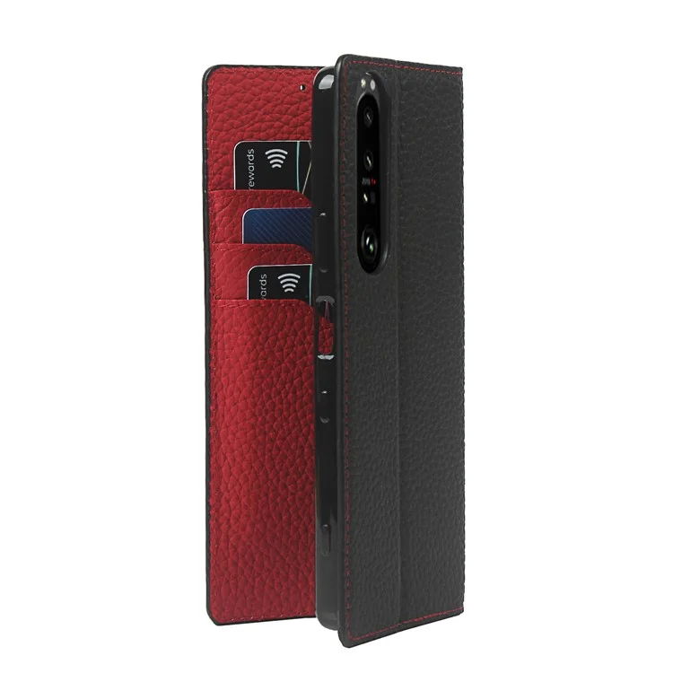 Litchi Texture Genuine Leather Stand Case Wallet Phone Cover per Sony Xperia 1 III 5G - Nero