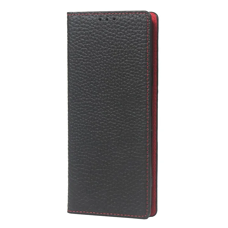 Litchi Texture Genuine Leather Stand Case Wallet Phone Cover per Sony Xperia 1 III 5G - Nero