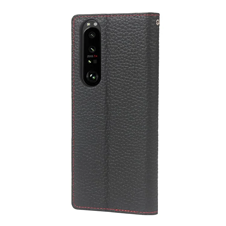 Litchi Texture Genuine Leather Stand Case Wallet Phone Cover per Sony Xperia 1 III 5G - Nero