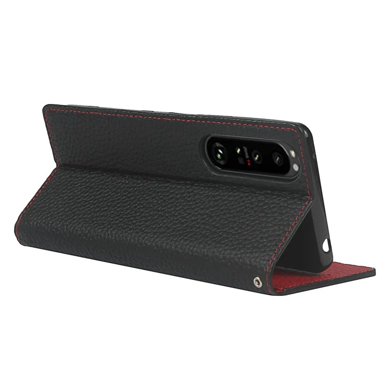 Litchi Texture Genuine Leather Stand Case Wallet Phone Cover per Sony Xperia 1 III 5G - Nero