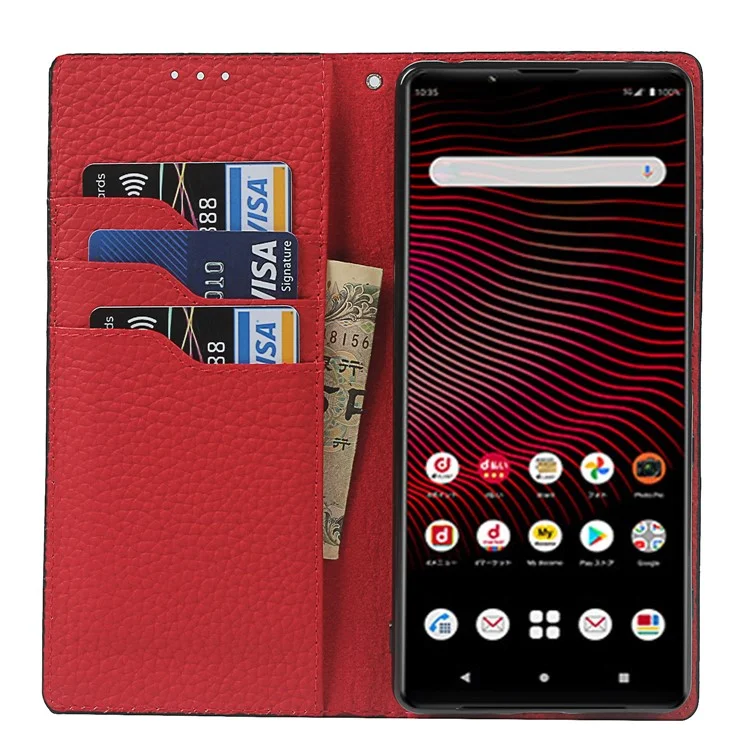 Litchi Texture Genuine Leather Stand Case Wallet Phone Cover per Sony Xperia 1 III 5G - Nero