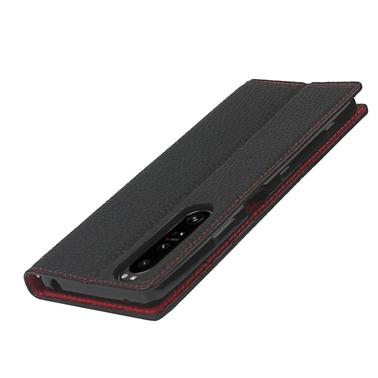 Litchi Texture Genuine Leather Stand Case Wallet Phone Cover per Sony Xperia 1 III 5G - Nero