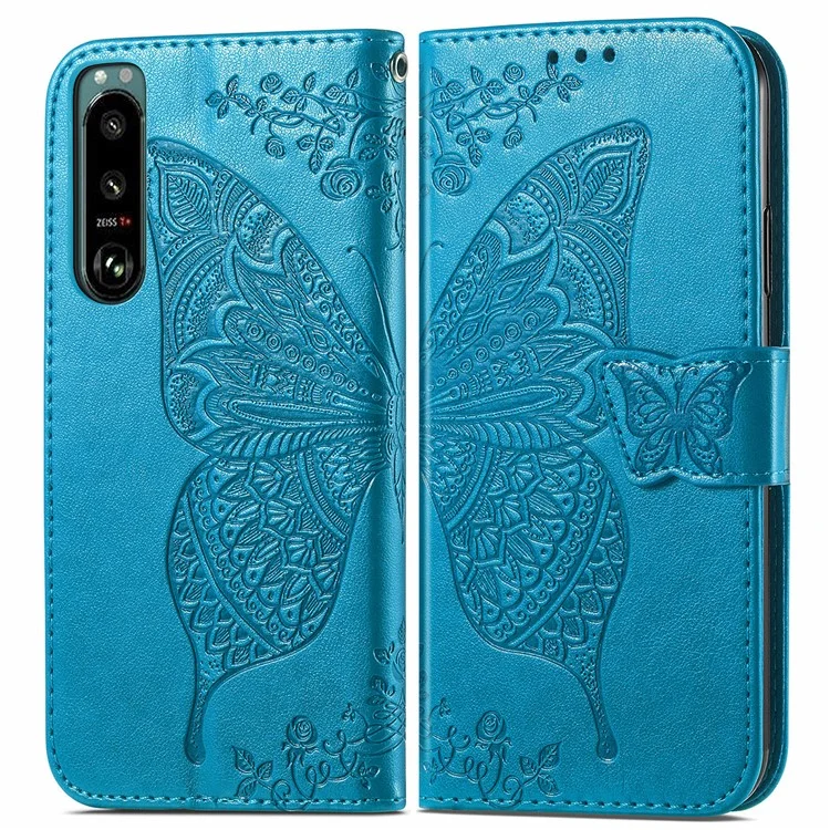 Big Butterfly Imprimindo a Capa do Telefone Celular da Carteira de Couro Com Design de Suporte Para Sony Xperia 5 III 5G - Azul