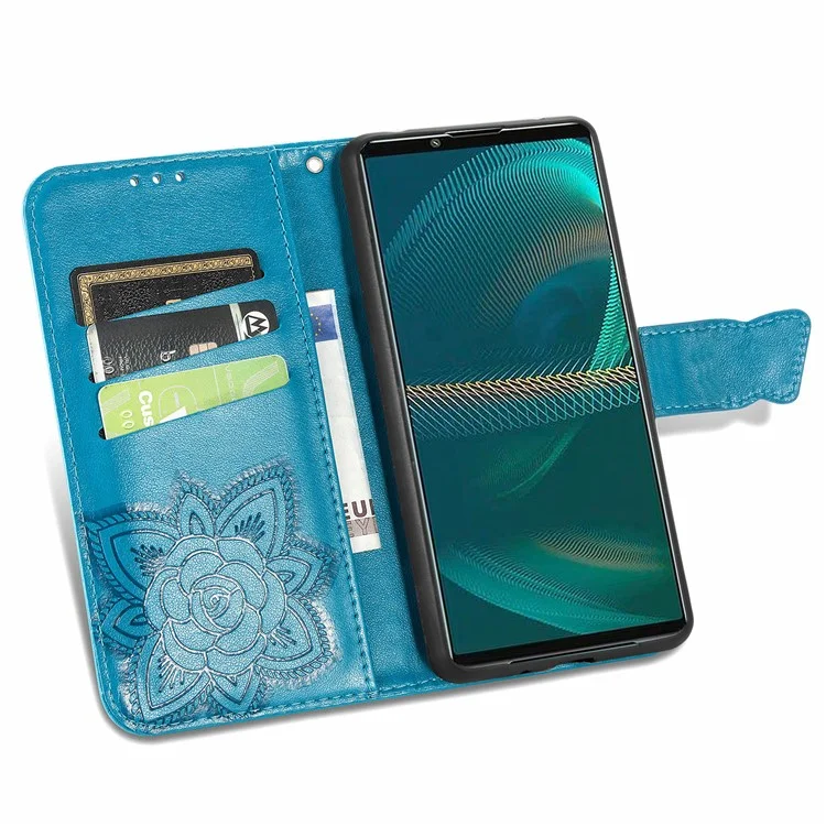 Big Butterfly Imprimindo a Capa do Telefone Celular da Carteira de Couro Com Design de Suporte Para Sony Xperia 5 III 5G - Azul