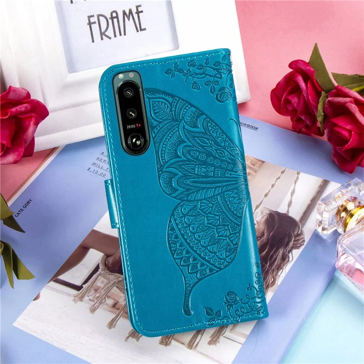 Big Butterfly Imprimindo a Capa do Telefone Celular da Carteira de Couro Com Design de Suporte Para Sony Xperia 5 III 5G - Azul
