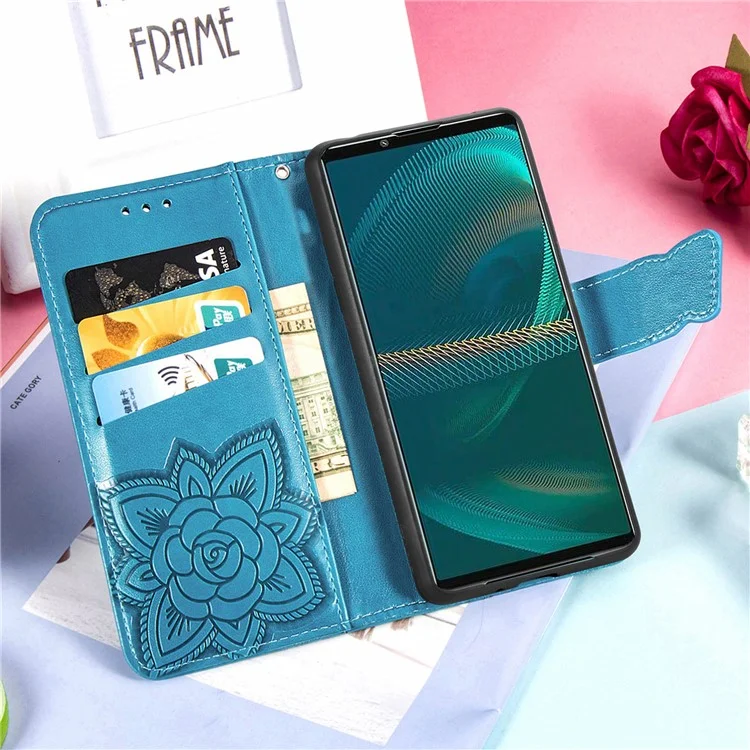 Big Butterfly Imprimindo a Capa do Telefone Celular da Carteira de Couro Com Design de Suporte Para Sony Xperia 5 III 5G - Azul