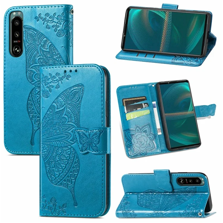 Big Butterfly Imprimindo a Capa do Telefone Celular da Carteira de Couro Com Design de Suporte Para Sony Xperia 5 III 5G - Azul