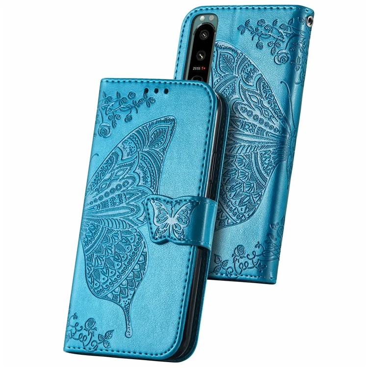 Big Butterfly Imprimindo a Capa do Telefone Celular da Carteira de Couro Com Design de Suporte Para Sony Xperia 5 III 5G - Azul