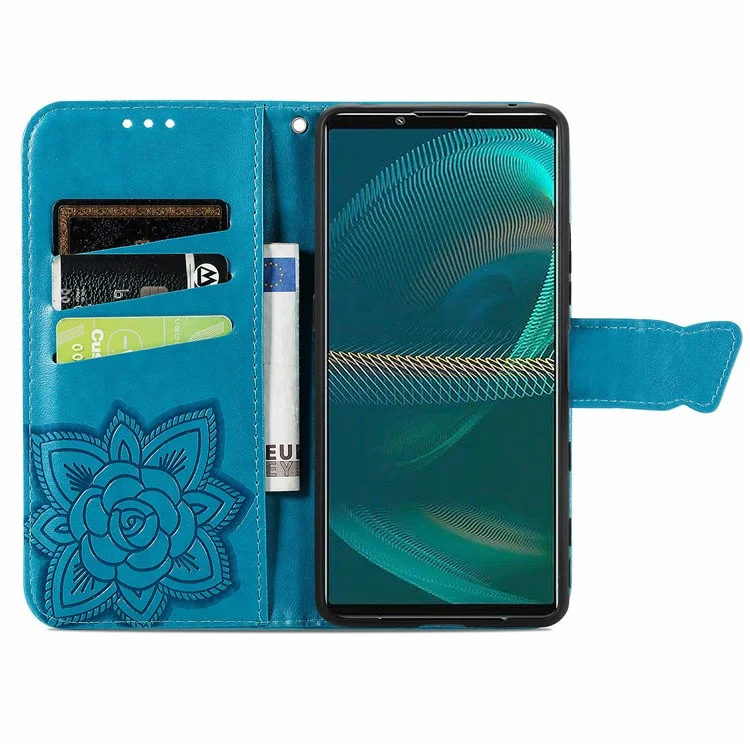 Big Butterfly Imprimindo a Capa do Telefone Celular da Carteira de Couro Com Design de Suporte Para Sony Xperia 5 III 5G - Azul