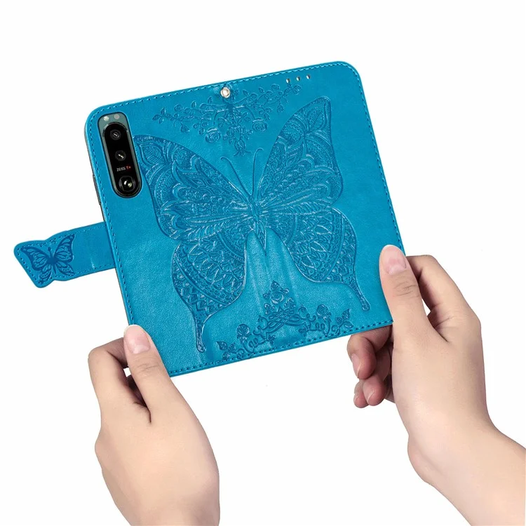 Big Butterfly Imprimindo a Capa do Telefone Celular da Carteira de Couro Com Design de Suporte Para Sony Xperia 5 III 5G - Azul
