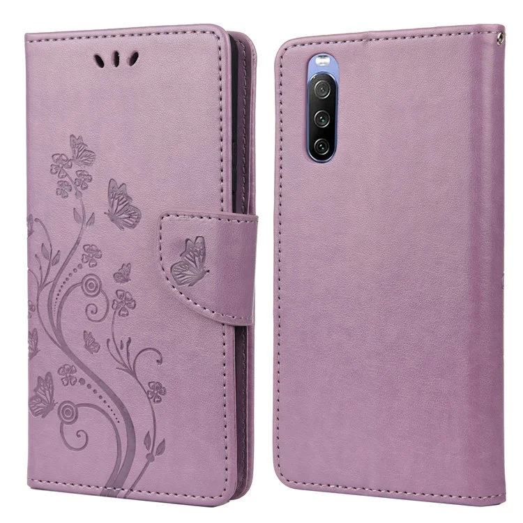 Portafoglio flip in pelle PU con farfalla stampata, custodia protettiva completa con supporto per Sony Xperia 10 III 5G - Lilla chiaro