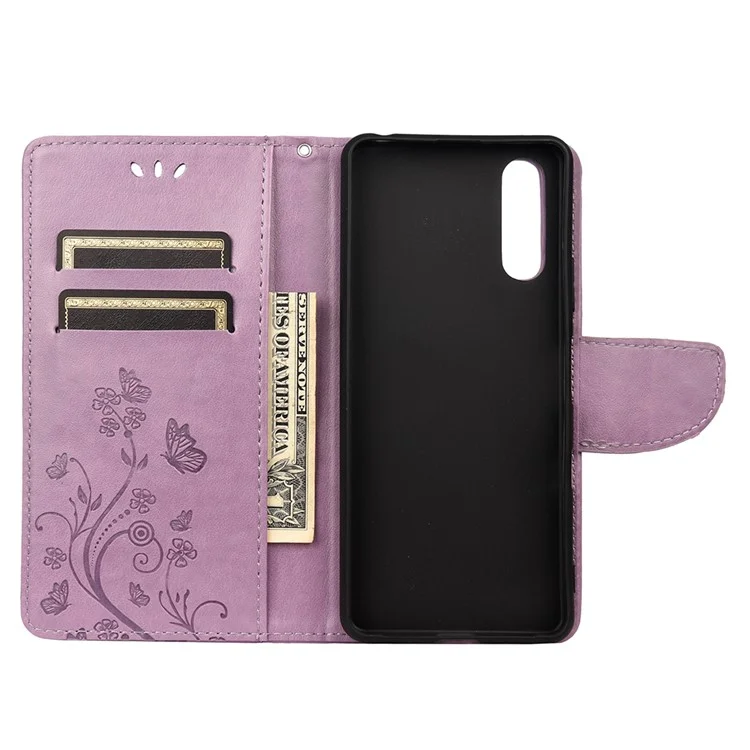 Portafoglio flip in pelle PU con farfalla stampata, custodia protettiva completa con supporto per Sony Xperia 10 III 5G - Lilla chiaro