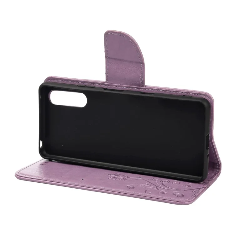 Portafoglio flip in pelle PU con farfalla stampata, custodia protettiva completa con supporto per Sony Xperia 10 III 5G - Lilla chiaro