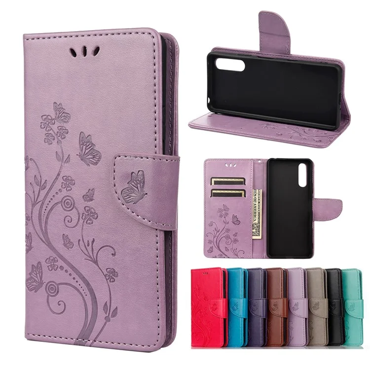 Portafoglio flip in pelle PU con farfalla stampata, custodia protettiva completa con supporto per Sony Xperia 10 III 5G - Lilla chiaro