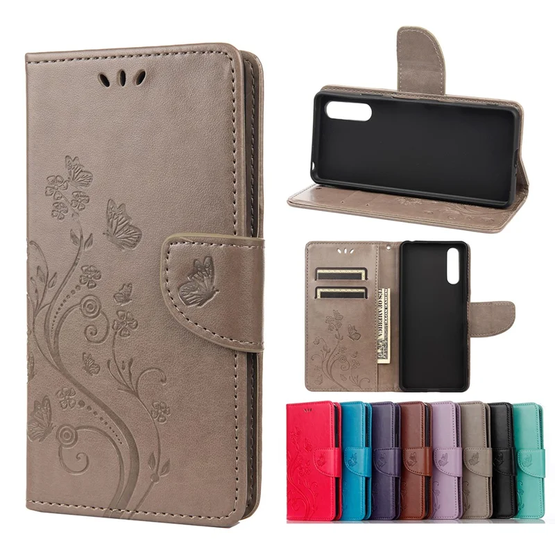 Imprinted Butterfly PU Leather Flip Wallet Full Protective Case Cover Stand for Sony Xperia 10 III 5G - Grey