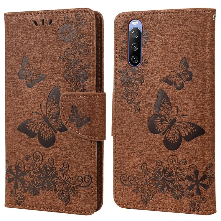 Butterfly Flower Imprinted PU Leather Wallet Magnetic Flip Protective Cover for Sony Xperia 10 III 5G - Brown