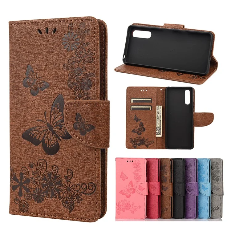 Butterfly Flower Imprinted PU Leather Wallet Magnetic Flip Protective Cover for Sony Xperia 10 III 5G - Brown