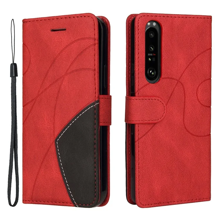 KT Série en cuir-1 Bi-couleur Style de Patchwork Portefeuille en Cuir Étui Téléphone avec Sangle Pratique pour Sony Xperia 1 III 5G - Rouge 