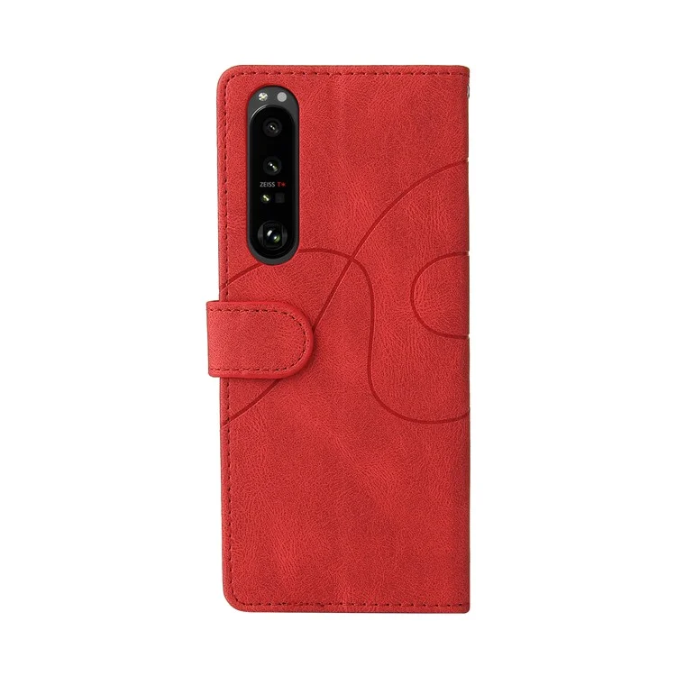 KT Série en cuir-1 Bi-couleur Style de Patchwork Portefeuille en Cuir Étui Téléphone avec Sangle Pratique pour Sony Xperia 1 III 5G - Rouge 