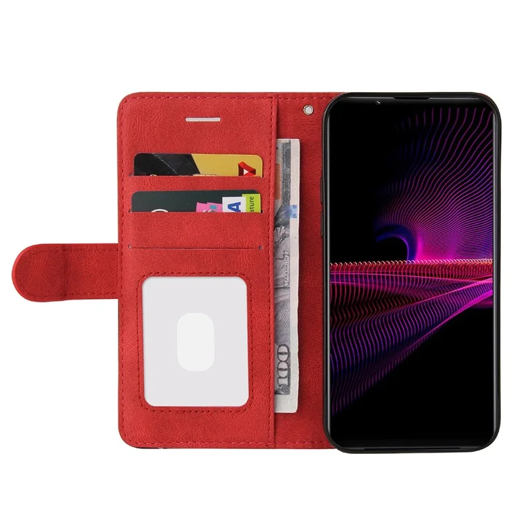 KT Série en cuir-1 Bi-couleur Style de Patchwork Portefeuille en Cuir Étui Téléphone avec Sangle Pratique pour Sony Xperia 1 III 5G - Rouge 