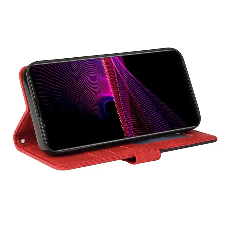 KT Série en cuir-1 Bi-couleur Style de Patchwork Portefeuille en Cuir Étui Téléphone avec Sangle Pratique pour Sony Xperia 1 III 5G - Rouge 