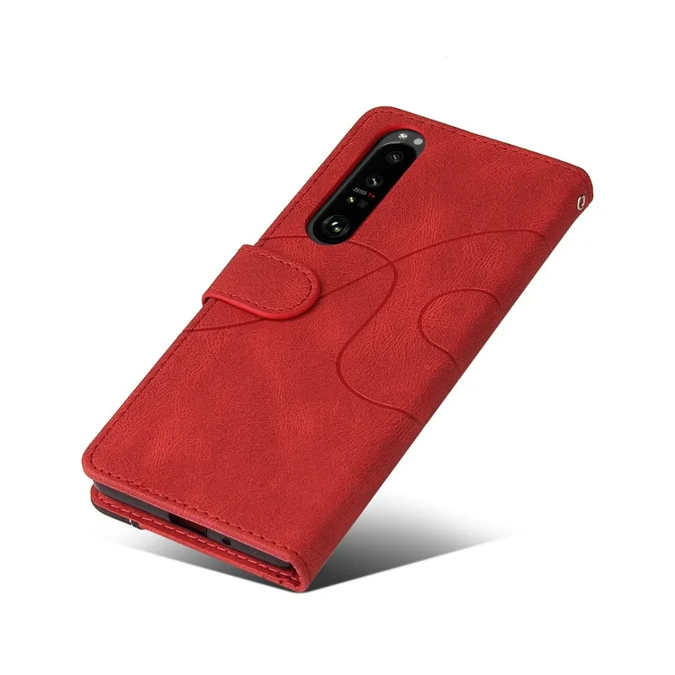 KT Série en cuir-1 Bi-couleur Style de Patchwork Portefeuille en Cuir Étui Téléphone avec Sangle Pratique pour Sony Xperia 1 III 5G - Rouge 