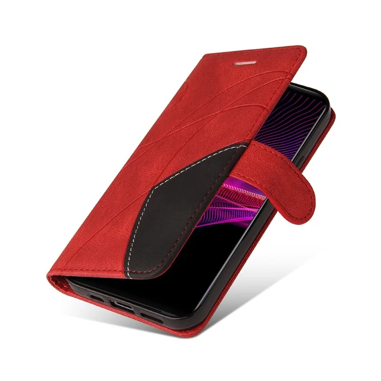 KT Série en cuir-1 Bi-couleur Style de Patchwork Portefeuille en Cuir Étui Téléphone avec Sangle Pratique pour Sony Xperia 1 III 5G - Rouge 
