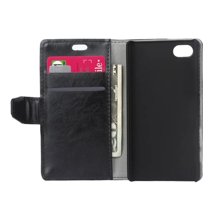 For Sony Xperia Z5 Compact Crazy Horse Leather Wallet Cover - Black