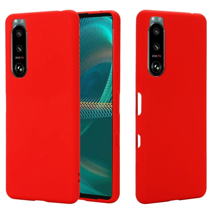 Slim Liquid Silicone Gel Rubber Full Body Protection Cover Case with Strap for Sony Xperia 5 III 5G - Red