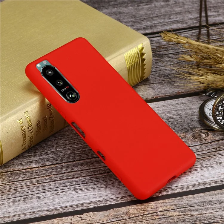 Caso de Proteção de Borracha de Borracha de Borracha de Borracha de Borracha de Silicone Líquido Fino Com Cinta Para Sony Xperia 5 III 5G - Vermelho