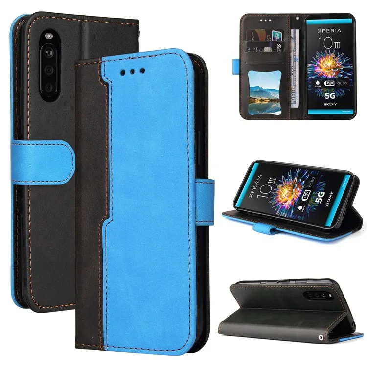 Zwei-farben-telefonhülle Leder Brieftasche Hülle Mit Riemen Für Sony Xperia 10 III 5G / Xperia 10 III Lite - Blau
