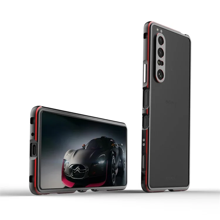 Polar Lights Style Metal Bumper Case Cover +Camera Lens Ring Protector for Sony Xperia 1 III 5G - Black / Red