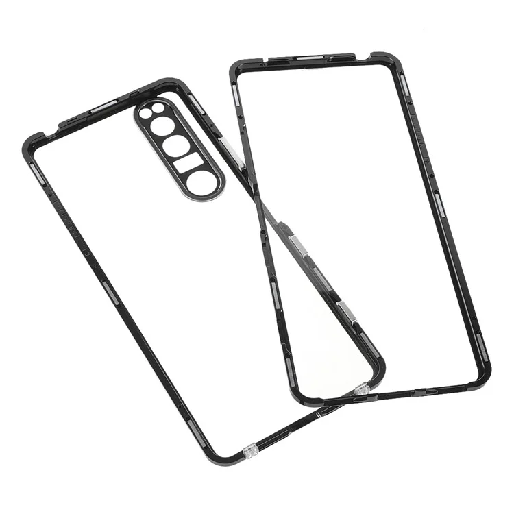 Lens Cover Design Magnetic Closed Metal Frame + Ultra Clear Drop-Resistant Double-Sided Tempered Glass Phone Shell for Sony Xperia 1 III 5G - Black