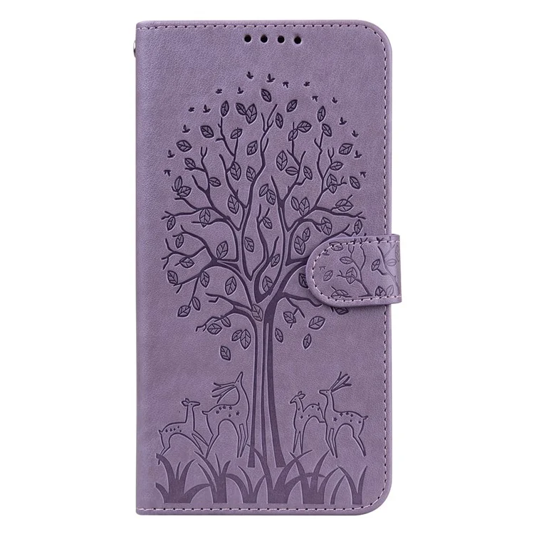 Portafoglio in Pelle di Cervo con Motivo Impreontato a Albero per Sony Xperia 10 III 5G - Viola