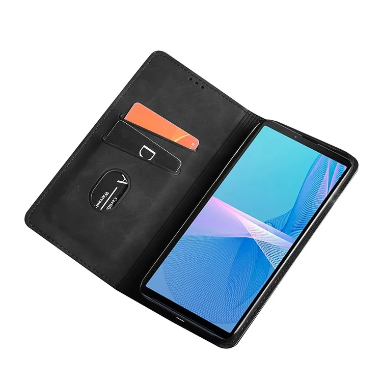 Skin-touch Leather Stand Case Magnetic Auto-absorbed Flip Cover with Double Card Slots for Sony Xperia 10 III/Xperia 10 III Lite - Black