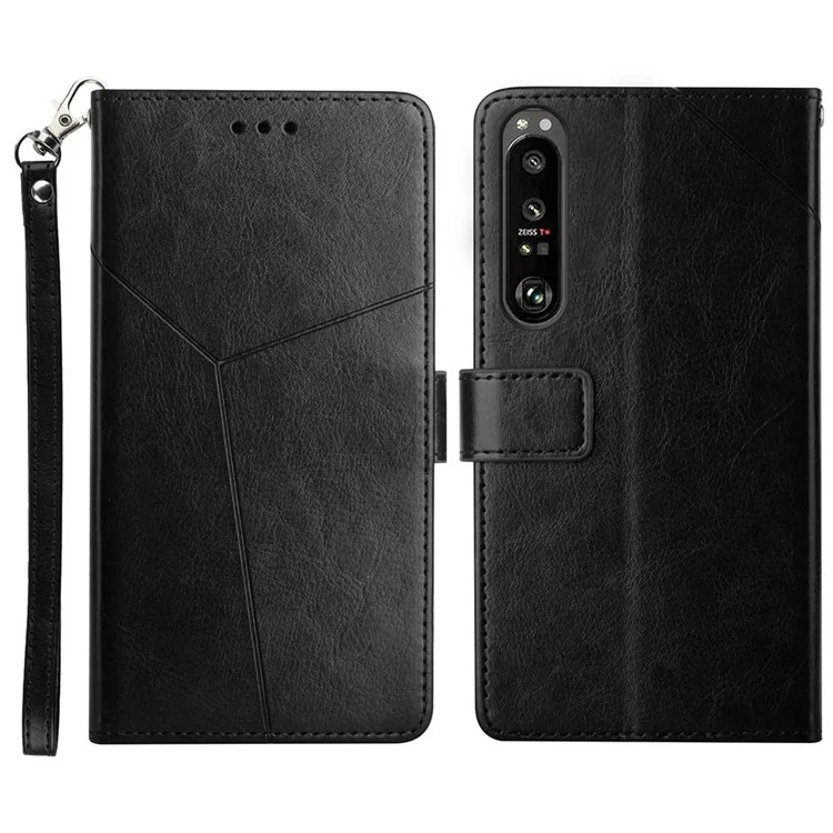 Für Sony Xperia 1 III 5G Y-förmige Linie, Die Schockabsorbierte Pu-leder-handy-brieftasche Shell-ständer Abdruckt - Schwarz