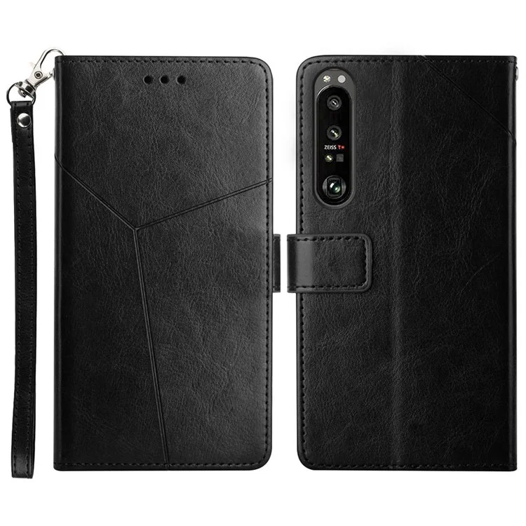 TPU+PU Leather Phone Case Stylish Y-shaped Line Imprinting Wallet Shell Stand Cover for Sony Xperia 5 III 5G - Black