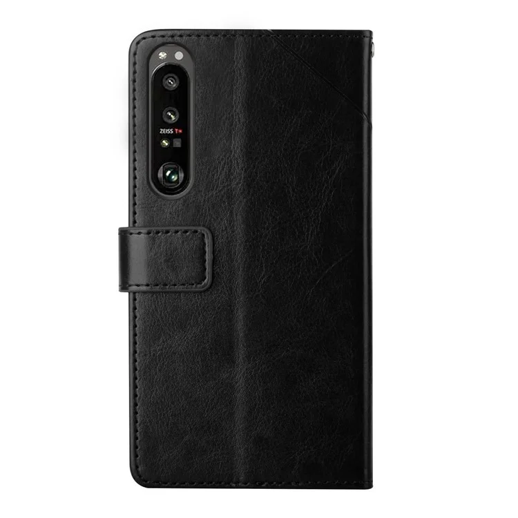 TPU+PU Leather Phone Case Stylish Y-shaped Line Imprinting Wallet Shell Stand Cover for Sony Xperia 5 III 5G - Black