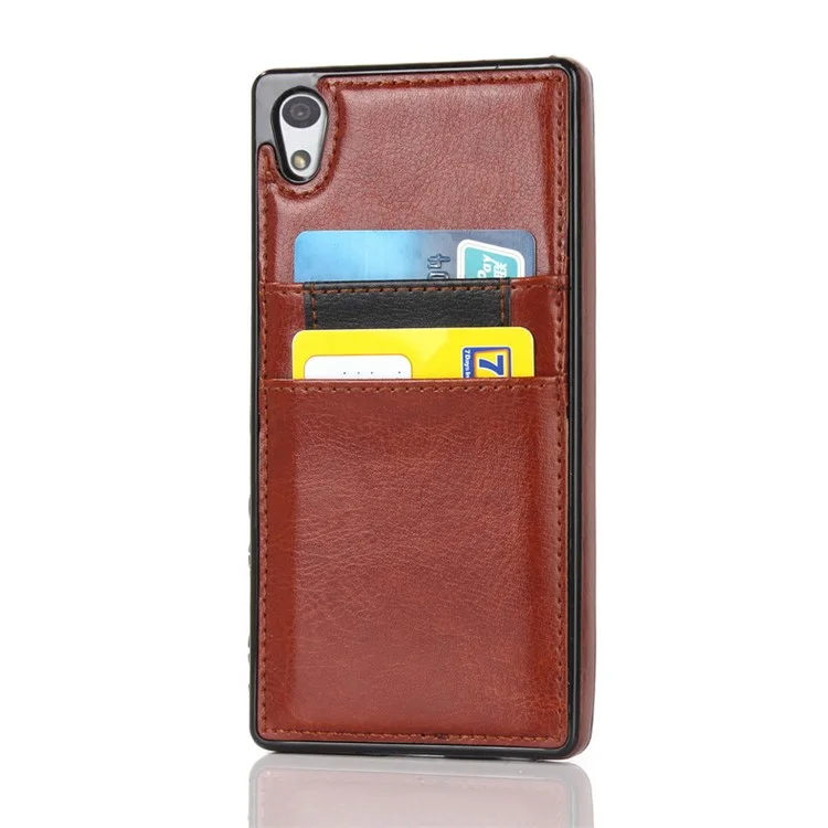 Card Slots Leather Skin TPU Case Cover for Sony Xperia Z5 Premium / Premium dual - Brown