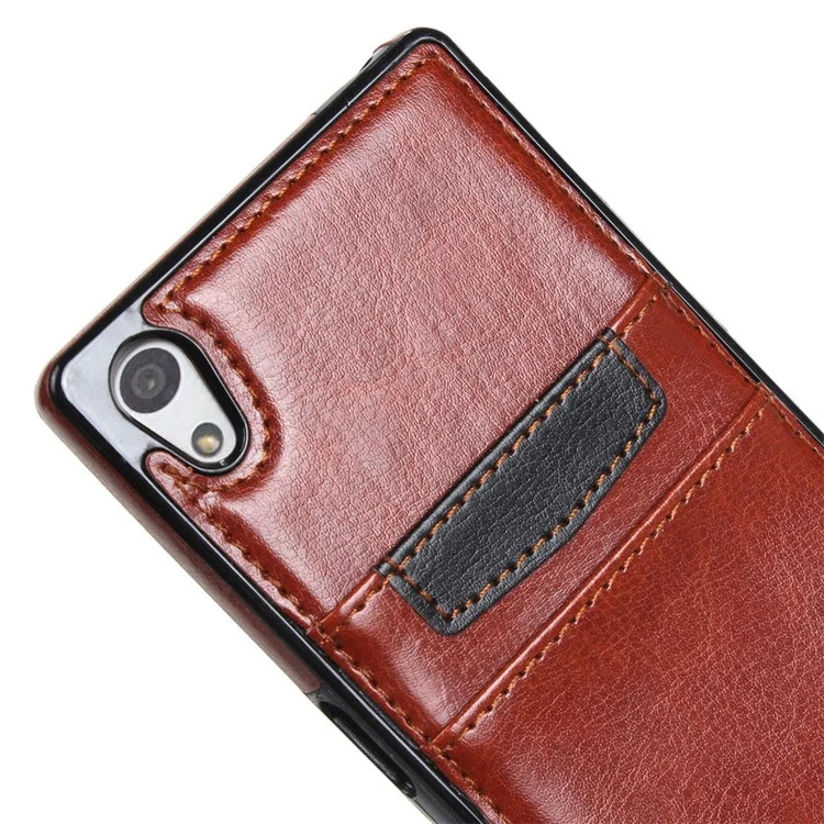 Card Slots Leather Skin TPU Case Cover for Sony Xperia Z5 Premium / Premium dual - Brown