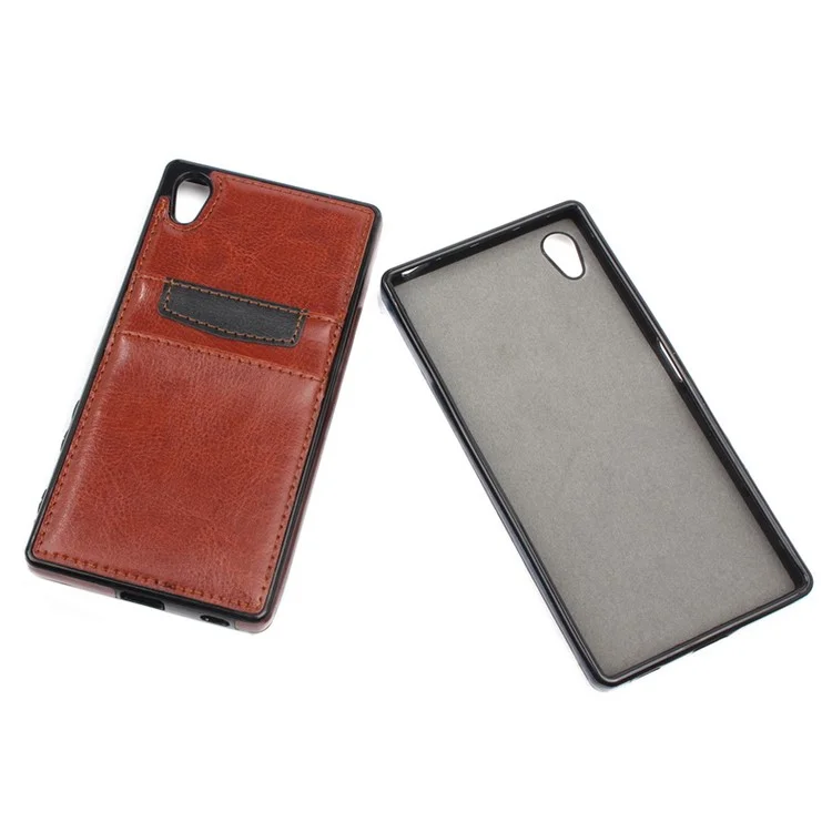 Card Slots Leather Skin TPU Case Cover for Sony Xperia Z5 Premium / Premium dual - Brown