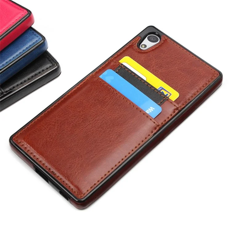 Card Slots Leather Skin TPU Case Cover for Sony Xperia Z5 Premium / Premium dual - Brown