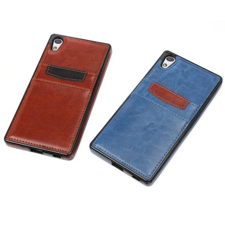 Card Slots Leather Skin TPU Case Cover for Sony Xperia Z5 Premium / Premium dual - Brown