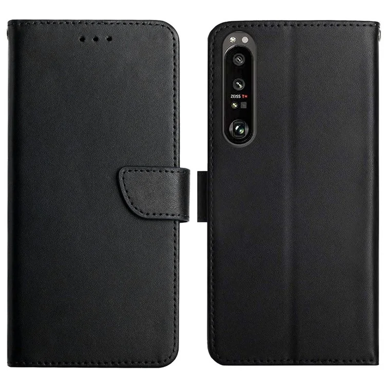 Protetor de Telefone Flip Suave ao Toque Genuine Leather Nappa Texture Multifunction Wallet Stand Good Protective Phone Case for Sony Xperia 5 III 5G - Preto