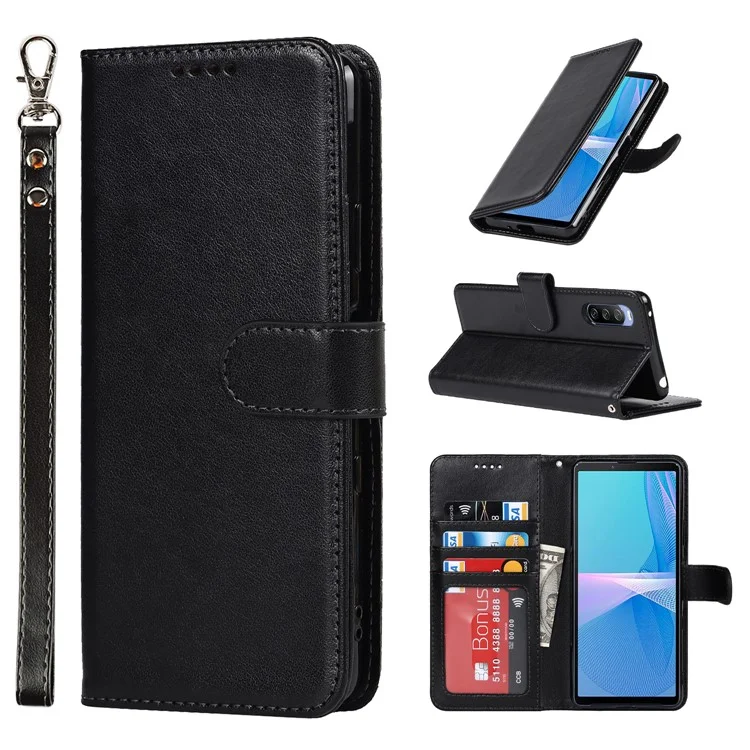 R61 Textura Ceta de Costura Talada PU Cuero PU Cuero Anti-scratch Billet Billet Shell Con Correa Para Sony Xperia 10 III 5g/xperia 10 III Lite - Negro