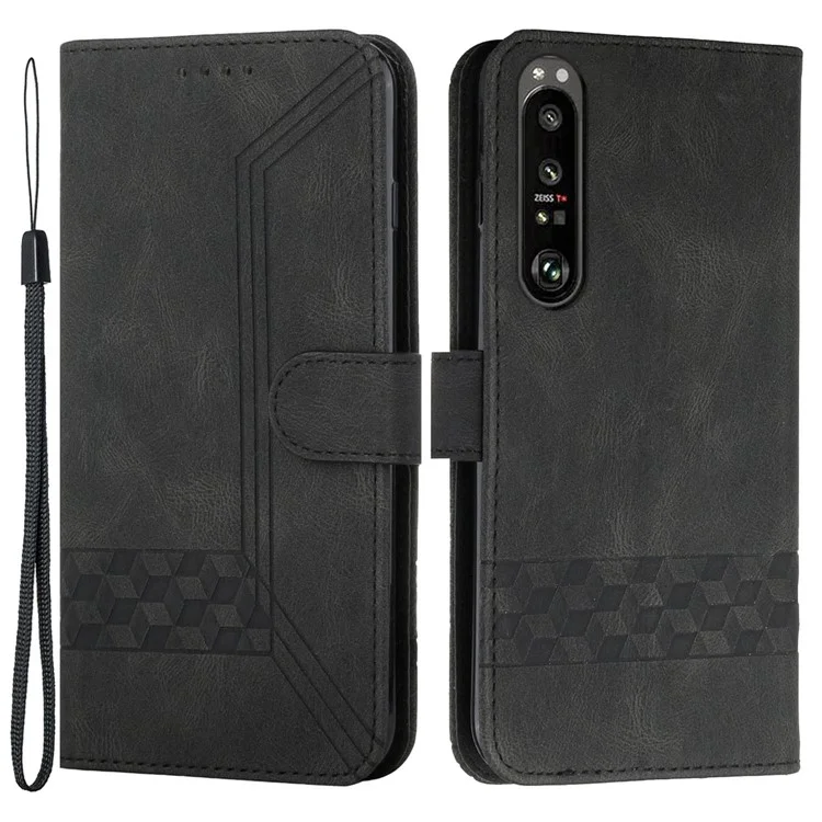 Yx0010 Linee Rombo Che Impronta la Copertina Della Custodia Per la Pelle Della Pelle Con Slot di Carte e Tasca in Contanti Per Sony Xperia 1 III 5G - Nero