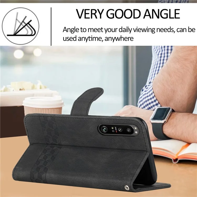 Yx0010 Linee Rombo Che Impronta la Copertina Della Custodia Per la Pelle Della Pelle Con Slot di Carte e Tasca in Contanti Per Sony Xperia 1 III 5G - Nero