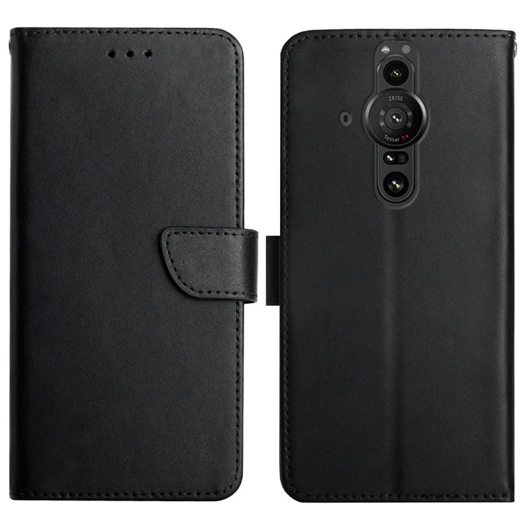 Funda de piel auténtica con textura Nappa para teléfono Funda de teléfono con cierre magnético y soporte Cartera para Sony Xperia Pro-I - Negro