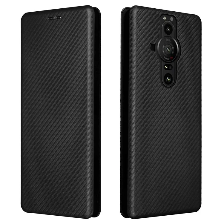 For Sony Xperia Pro-I Ring Strap Carbon Fiber Texture Case Well-protected Auto-absorbed Magnetic Closure Leather Phone Cover with Stand - Black